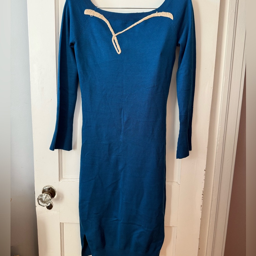Indigo Blue Long Sleeve Dress with Cream Accents